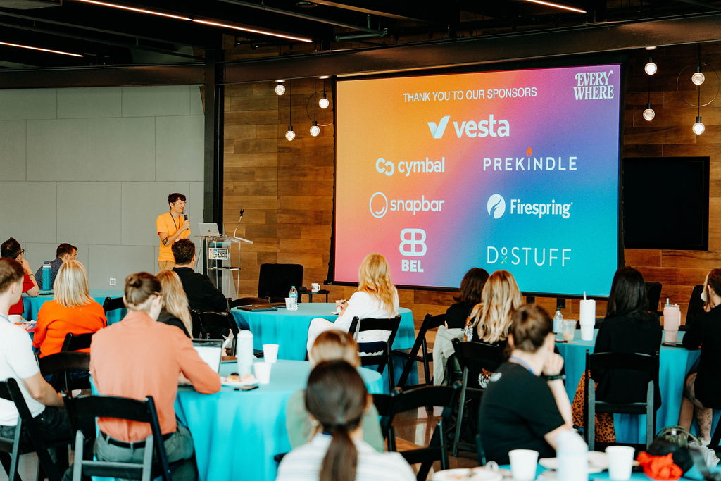 Sponsor thank-you slide on stage at the EVERYWHERE Event Marketing Summit 2026
