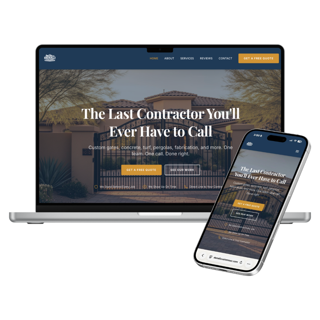 Denali Customs website mockup on laptop and phone — a custom fabrication and design brand built by Peterson Media.